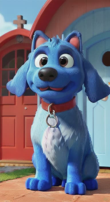  {Max the big blue dog standing in front of a cozy little house with a red door, The big blue dog is large with sky blue fur, big round eyes, a black nose, and floppy ears.