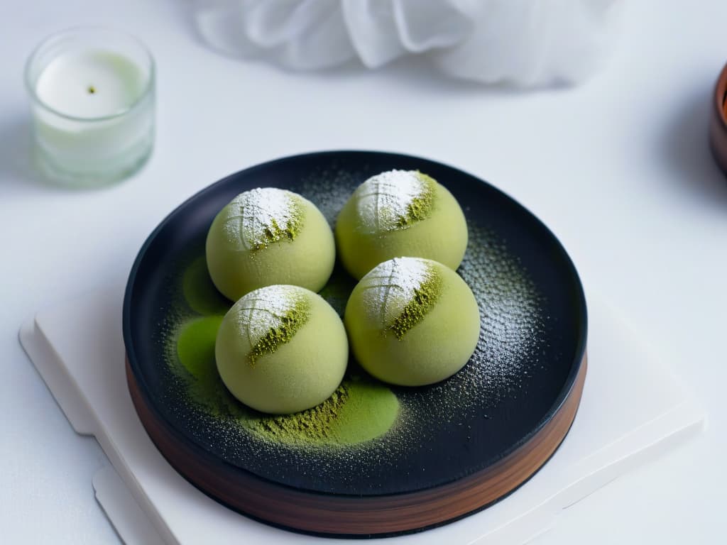  An ultradetailed closeup image of a perfectly round and smooth mochi ball, gently dusted with vibrant matcha powder, showcasing the delicate texture and traditional green tea flavor. The mochi sits elegantly on a simple, sleek black plate, with soft natural lighting highlighting its glossy surface, inviting viewers to savor the balanced blend of sweetness and earthy notes synonymous with this beloved Japanese treat. hyperrealistic, full body, detailed clothing, highly detailed, cinematic lighting, stunningly beautiful, intricate, sharp focus, f/1. 8, 85mm, (centered image composition), (professionally color graded), ((bright soft diffused light)), volumetric fog, trending on instagram, trending on tumblr, HDR 4K, 8K