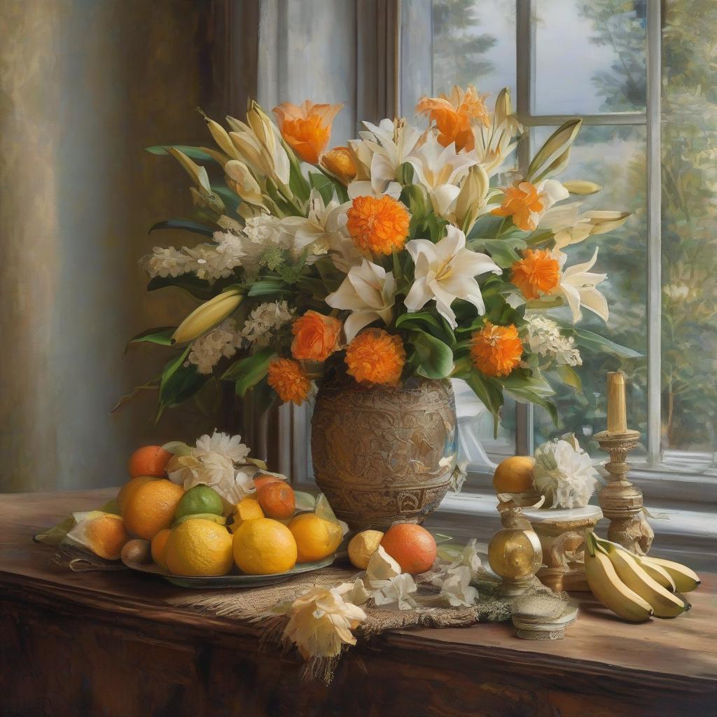  (Banana, orange, and pineapple) stand near a beautiful vase, (there is a vase with white lilies nearby), background is a window, still life, Dutch painting of the 17th century, high detail of brushstrokes. hyperrealistic, full body, detailed clothing, highly detailed, cinematic lighting, stunningly beautiful, intricate, sharp focus, f/1. 8, 85mm, (centered image composition), (professionally color graded), ((bright soft diffused light)), volumetric fog, trending on instagram, trending on tumblr, HDR 4K, 8K