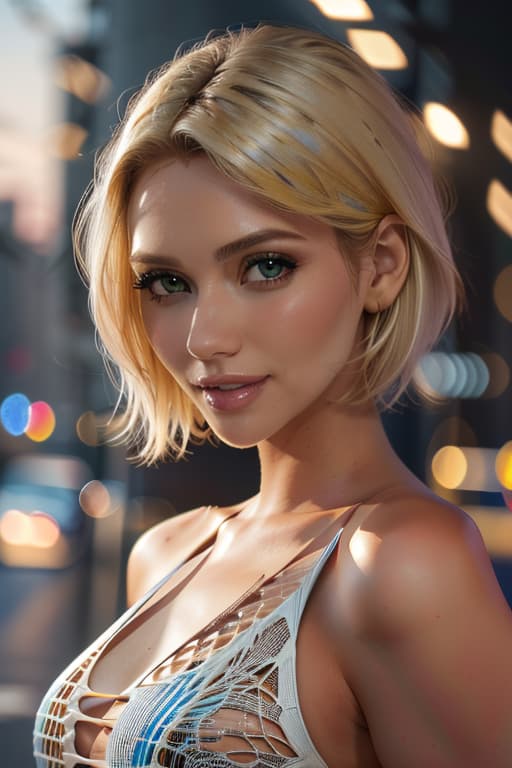  1girl,1girl,blonde short hair,straight hair,upper body shot,shirt,smile hyperrealistic, full body, detailed clothing, highly detailed, cinematic lighting, stunningly beautiful, intricate, sharp focus, f/1. 8, 85mm, (centered image composition), (professionally color graded), ((bright soft diffused light)), volumetric fog, trending on instagram, trending on tumblr, HDR 4K, 8K