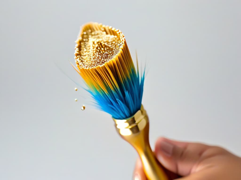  A closeup, ultradetailed image of a vibrant, intricate paintbrush dipped in edible gold paint, with tiny shimmering particles suspended in the liquid, against a stark white background. The bristles of the brush are delicately feathered, capturing the light in a mesmerizing way that highlights the luxurious texture of the edible paint. hyperrealistic, full body, detailed clothing, highly detailed, cinematic lighting, stunningly beautiful, intricate, sharp focus, f/1. 8, 85mm, (centered image composition), (professionally color graded), ((bright soft diffused light)), volumetric fog, trending on instagram, trending on tumblr, HDR 4K, 8K