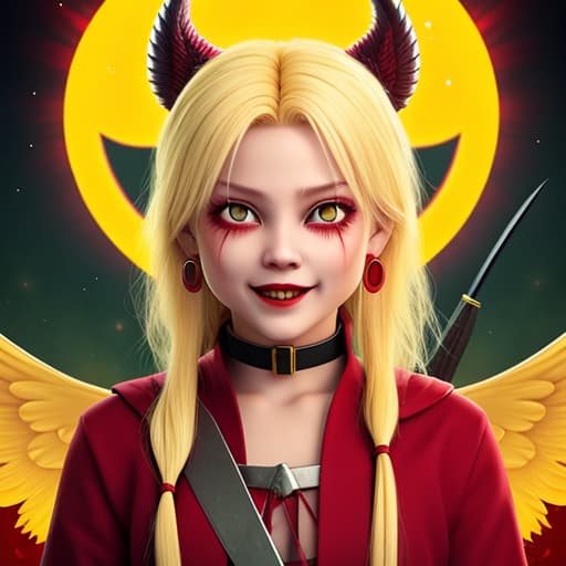  Yellow hair.girl.cute.blushing..tong.teeth.earrings.eye color red.evil smile.red lips.she has a spear in her hand and its red.there is a big sun behind her .her skin color is red .holding a knife. She is a demon.She has wings red wings and red horns.there is blood in the back round. She is in hell. There are demons in the backround.she is crying happy tears.and laughing.👿😈.she is evil like really evil.