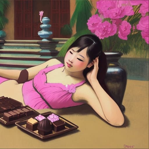  Attractive Beautiful young Thai reclining with moist pink open lips. Forground is plates of fine dark chocolates. Background is a Thai palace. Painting style of Edgar Degas