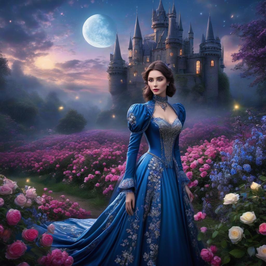  Gothic castle. Flying saucer. Space, fantasy. Purple, blue, silver colors. Moon. The girl in the gold dress. A very pretty girl. Garden of Eden. Rain. Fairy tale blue eyed eagle. Fairy tale blue eyed eagle. ((Sparkling rim)): spring field, hyacinths, roses, rosehips, rose hips, peonies, cherry tree, yellow, red, black flowers, forget me nots. Clear eyes hyperrealistic, full body, detailed clothing, highly detailed, cinematic lighting, stunningly beautiful, intricate, sharp focus, f/1. 8, 85mm, (centered image composition), (professionally color graded), ((bright soft diffused light)), volumetric fog, trending on instagram, trending on tumblr, HDR 4K, 8K