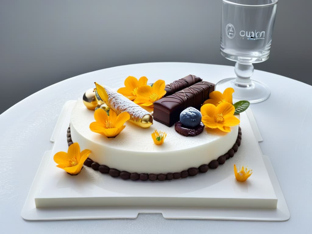  A minimalistic image of a pristine white marble countertop adorned with an artfully arranged selection of modern pastries and desserts. The pastries are delicately garnished with vibrant edible flowers, gold leaf accents, and geometric chocolate decorations, creating a visually striking display that embodies the fusion of contemporary culinary art and traditional pastry techniques. The soft natural light streaming in from a nearby window casts gentle shadows, enhancing the elegant simplicity and sophistication of the composition. hyperrealistic, full body, detailed clothing, highly detailed, cinematic lighting, stunningly beautiful, intricate, sharp focus, f/1. 8, 85mm, (centered image composition), (professionally color graded), ((bright soft diffused light)), volumetric fog, trending on instagram, trending on tumblr, HDR 4K, 8K