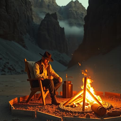  create a western inspired photograph shot in 50mm from a first person view sitting around a campfire. also inspired by roger deakins cinematogrphy work. this photograph has to emphasize tension and each section is motivating each other to tell a story. in the midground shows a railway going into a man sized mining cavern. the overall scene is set in a desert setting at dawn just before the sunrise. the scene is seperated in three sections, the foreground, middleground, and background. the background shows a deep canyon below with rugged rock formations and a winding river that tapers down into the distance. the midground appears closer to your area at around 100 ft away and comprises part of a canyonside. within this canyonside you see a ra hyperrealistic, full body, detailed clothing, highly detailed, cinematic lighting, stunningly beautiful, intricate, sharp focus, f/1. 8, 85mm, (centered image composition), (professionally color graded), ((bright soft diffused light)), volumetric fog, trending on instagram, trending on tumblr, HDR 4K, 8K