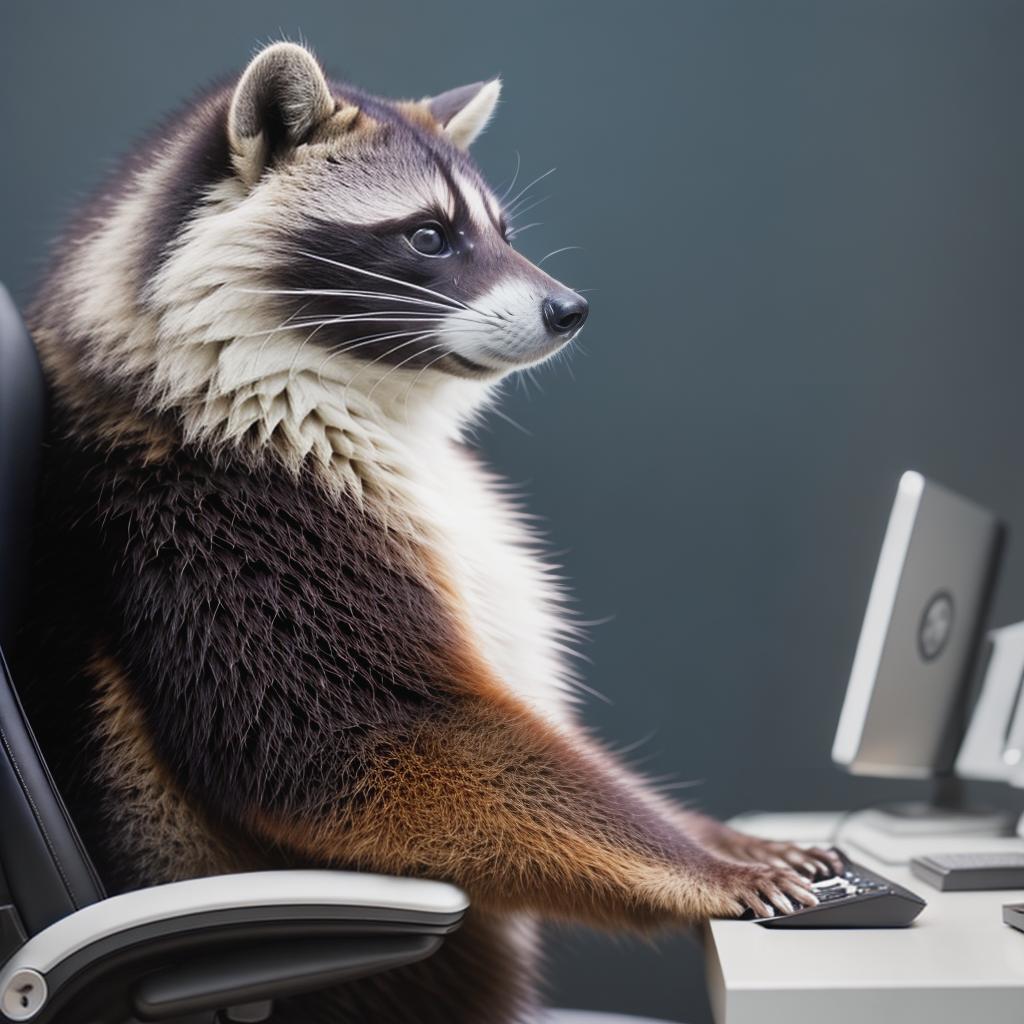  raccoon sitting in gaming chair front a computer on desktop, ((semi anthropomorphic)),(full body), tail, belly, sitting, fat, (chubby), (((white background))), solo, desktop, gaming chair, side view,  [[[clothes]]] hyperrealistic, full body, detailed clothing, highly detailed, cinematic lighting, stunningly beautiful, intricate, sharp focus, f/1. 8, 85mm, (centered image composition), (professionally color graded), ((bright soft diffused light)), volumetric fog, trending on instagram, trending on tumblr, HDR 4K, 8K