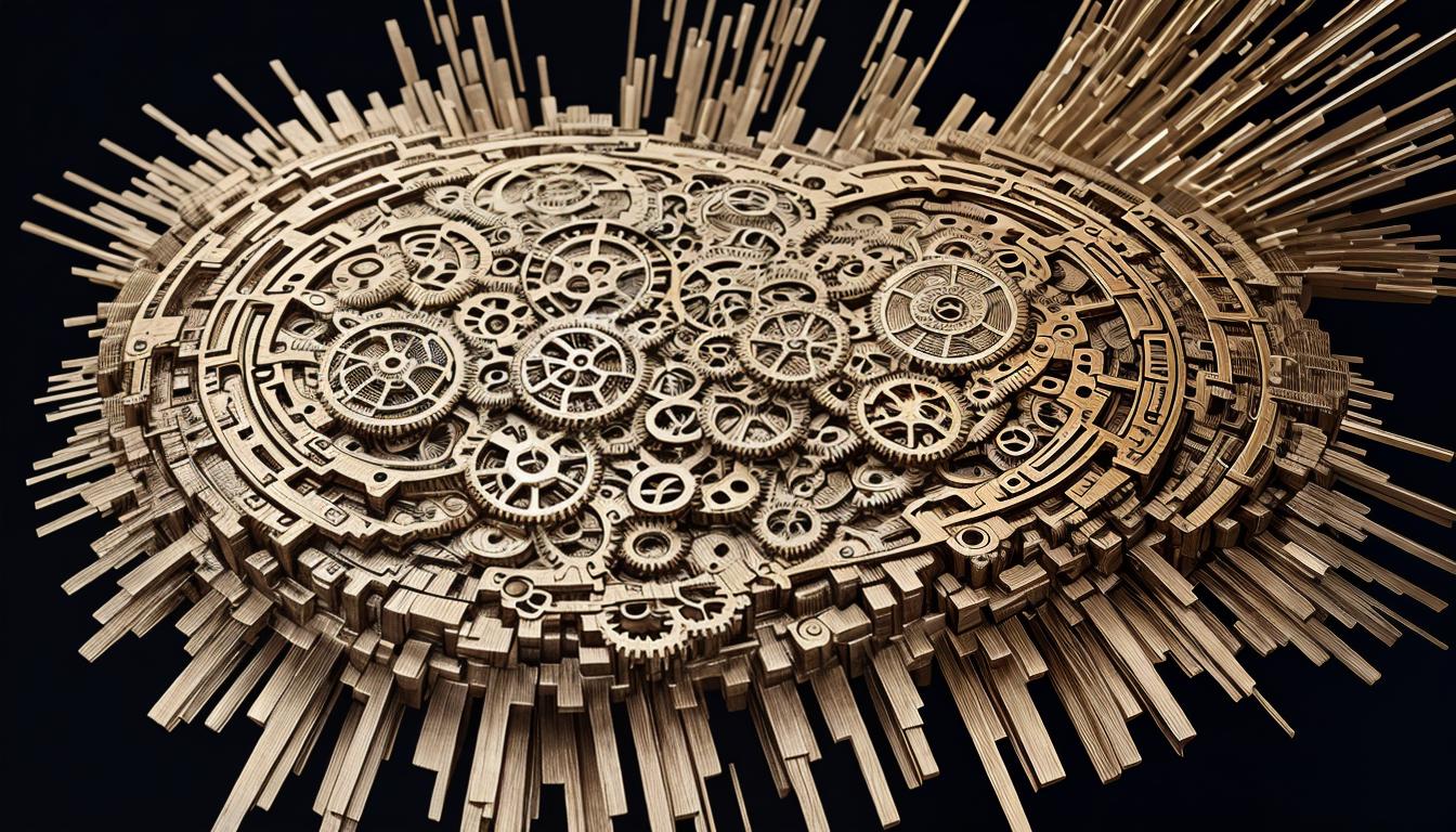  digital illustration, Several interconnected gears, each representing a different facet of a relationship, turning in harmony, gears made of a mix of wood and metal, smooth motion, synergy, collaboration, looking at viewer, dynamic pose, (intricate details, masterpiece, best quality)