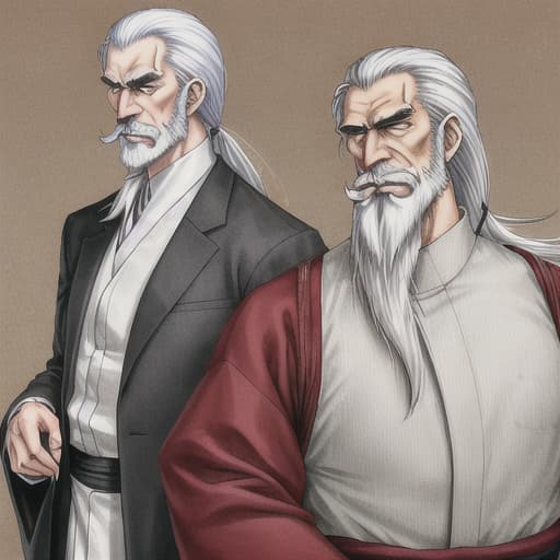  old man, Japanese outfits, serious face, long thin beard and mustache, tall and skinny, White hair