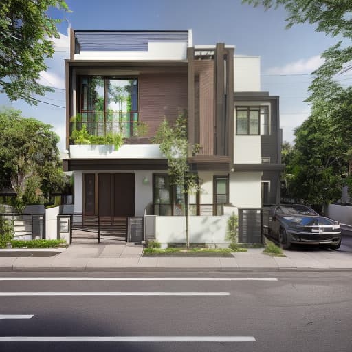 redshift style 3-storey modern residential house architecture, real photos, high quality, green daylight environment, bright colors matching urban green landscape