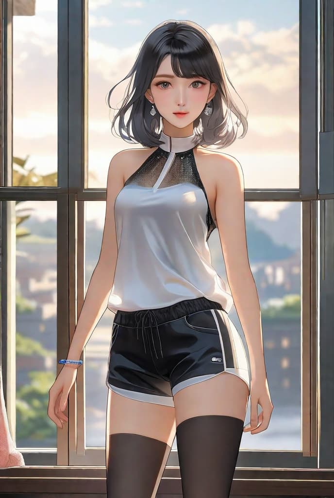  masterpiece, best quality, best quality,(full body:1.5), beautiful face, female,(black dot shiny middle hair 1.2), see-through halter top, thin shorts, indoor, standing in the morning window, upper body slightly tilted back