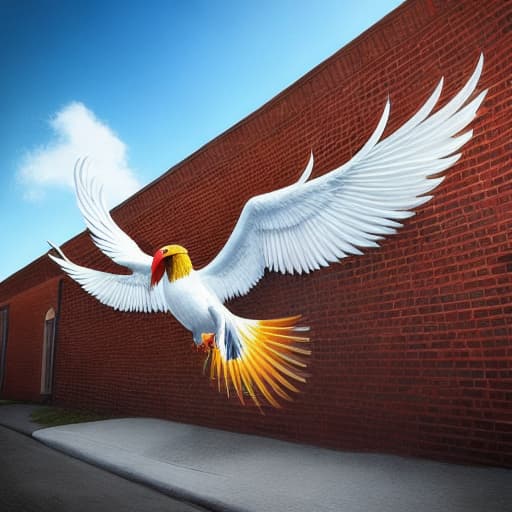 modelshoot style A majestic 3D phoenix soaring through a crumbling white brick wall, its 8 foot wingspan illuminated first place Miami's Basil Art show's award-winning street mural An award winning street mural in Miami Art show. 64 k photo realistic. Trending on art station. High octane unreal engine render volumetric lighting. In the style of Kiptoe.