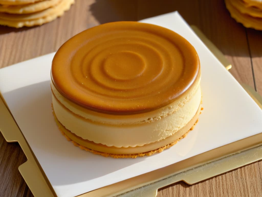  An ultradetailed closeup image of a perfectly layered alfajor, showcasing the delicate texture of the shortbread cookies and the rich dulce de leche filling. The image is captured from a slightly elevated angle, emphasizing the intricate crisscross pattern on top of the alfajor and highlighting the golden hues of the cookie. Each layer is clearly defined, with the dulce de leche oozing out slightly, inviting the viewer to indulge in this traditional South American dessert. hyperrealistic, full body, detailed clothing, highly detailed, cinematic lighting, stunningly beautiful, intricate, sharp focus, f/1. 8, 85mm, (centered image composition), (professionally color graded), ((bright soft diffused light)), volumetric fog, trending on instagram, trending on tumblr, HDR 4K, 8K