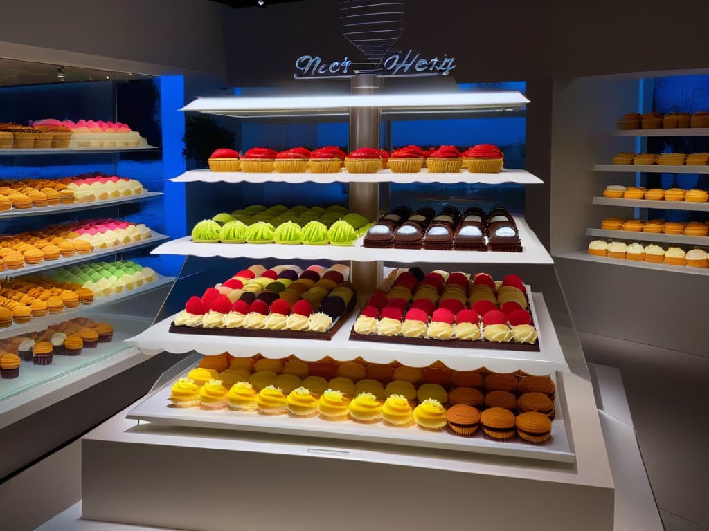  A minimalist image of a sleek, modern bakery display showcasing an array of creatively presented desserts such as colorful macarons, elegantly decorated cupcakes, and artisanal pastries. The display is meticulously arranged with strategic lighting to enhance the visual appeal of the desserts, highlighting their textures, colors, and intricate details. The background is a simple, clean design to emphasize the artistry and creativity of the dessert presentation, capturing the essence of innovative merchandising strategies for postres. hyperrealistic, full body, detailed clothing, highly detailed, cinematic lighting, stunningly beautiful, intricate, sharp focus, f/1. 8, 85mm, (centered image composition), (professionally color graded), ((bright soft diffused light)), volumetric fog, trending on instagram, trending on tumblr, HDR 4K, 8K