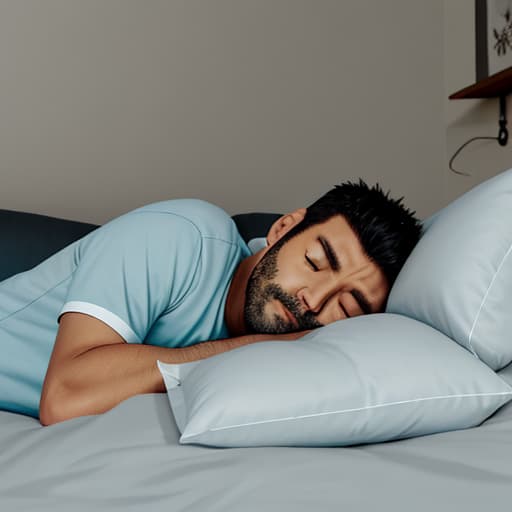  A man lying in bed sleeping peacefully ，