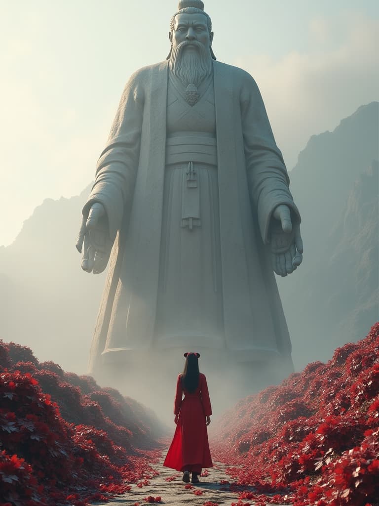  a large statue with a woman looking at it, in the style of unreal engine 5, northern china's terrain, movie still, red and gray, high speed sync, traditional essence, piles/stacks hyperrealistic, full body, detailed clothing, highly detailed, cinematic lighting, stunningly beautiful, intricate, sharp focus, f/1. 8, 85mm, (centered image composition), (professionally color graded), ((bright soft diffused light)), volumetric fog, trending on instagram, trending on tumblr, HDR 4K, 8K