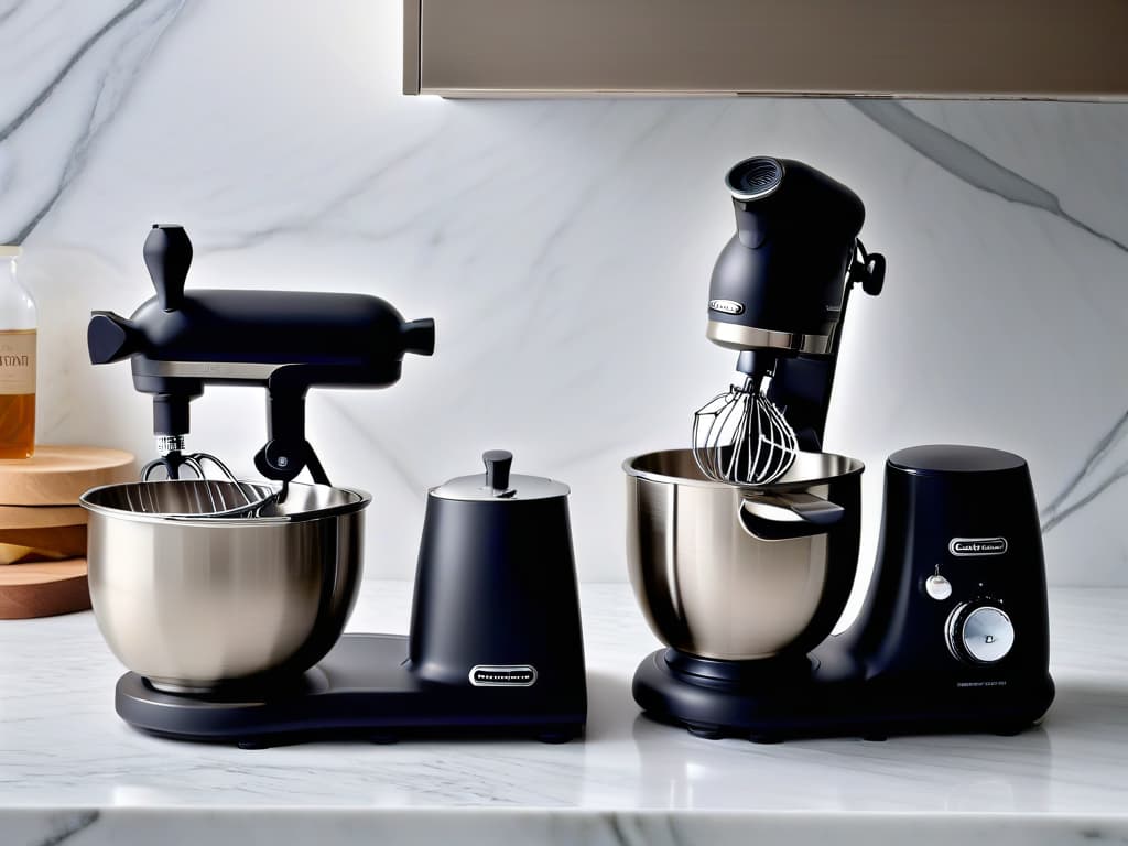  An ultradetailed, minimalist image of two elegant, sleek stand mixers and two modern, compact hand mixers, all in matte black finish, positioned side by side on a pristine white marble countertop. The light overhead casts a soft, dramatic shadow, emphasizing the clean lines and sophisticated design of the mixers. The stand mixers are adorned with a subtle logo in metallic silver, while the hand mixers feature a touch of chrome detail. The image captures the essence of modern kitchen elegance and highend baking equipment, perfect for inspiring home bakers looking to elevate their culinary experience. hyperrealistic, full body, detailed clothing, highly detailed, cinematic lighting, stunningly beautiful, intricate, sharp focus, f/1. 8, 85mm, (centered image composition), (professionally color graded), ((bright soft diffused light)), volumetric fog, trending on instagram, trending on tumblr, HDR 4K, 8K