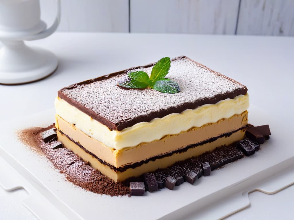  A closeup, ultradetailed image of a decadent tiramisù dessert, showcasing layers of coffeesoaked ladyfingers, creamy mascarpone substitute, and a dusting of rich cocoa powder on top. The dessert is elegantly presented on a sleek, modern white plate, with a drizzle of espresso and a sprig of fresh mint as garnish. The lighting is soft, highlighting the textures and colors of the dessert, creating a visually appealing and appetizing composition. hyperrealistic, full body, detailed clothing, highly detailed, cinematic lighting, stunningly beautiful, intricate, sharp focus, f/1. 8, 85mm, (centered image composition), (professionally color graded), ((bright soft diffused light)), volumetric fog, trending on instagram, trending on tumblr, HDR 4K, 8K