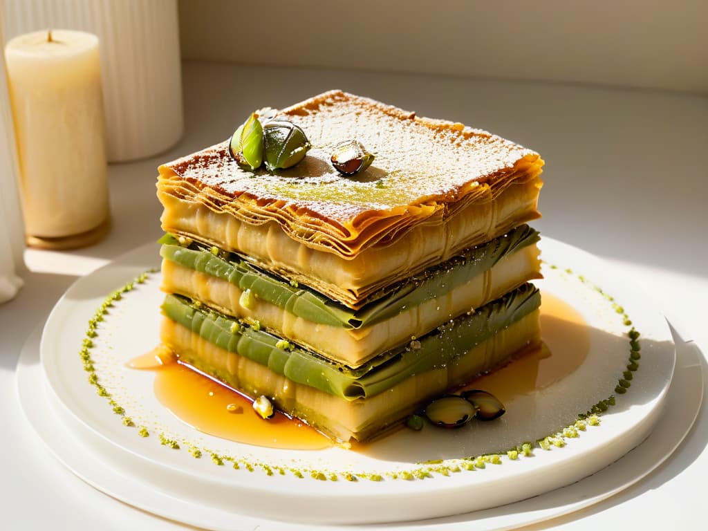  An ultradetailed image of golden, flaky layers of baklava stacked on a pristine white plate, drizzled with honey and sprinkled with crushed pistachios. Each layer is perfectly visible, showcasing the intricate textures and layers of the traditional Greek dessert, with a subtle glimmer catching the light to highlight its deliciousness. hyperrealistic, full body, detailed clothing, highly detailed, cinematic lighting, stunningly beautiful, intricate, sharp focus, f/1. 8, 85mm, (centered image composition), (professionally color graded), ((bright soft diffused light)), volumetric fog, trending on instagram, trending on tumblr, HDR 4K, 8K