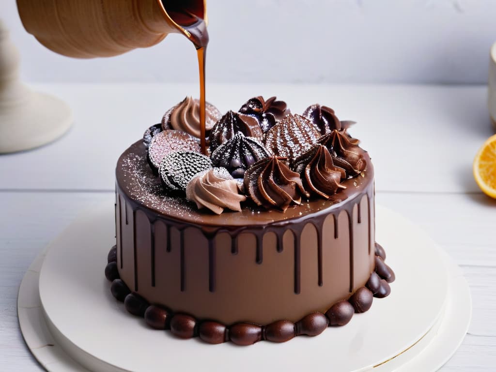  A closeup, ultradetailed image of a decadent vegan chocolate ganache being drizzled over a perfectly smooth and shiny vegan cake, with each individual droplet of ganache glistening under the light. The ganache is so glossy that you can see the reflection of a lush green plant in the background, adding a touch of freshness and sustainability to the luxurious dessert. hyperrealistic, full body, detailed clothing, highly detailed, cinematic lighting, stunningly beautiful, intricate, sharp focus, f/1. 8, 85mm, (centered image composition), (professionally color graded), ((bright soft diffused light)), volumetric fog, trending on instagram, trending on tumblr, HDR 4K, 8K