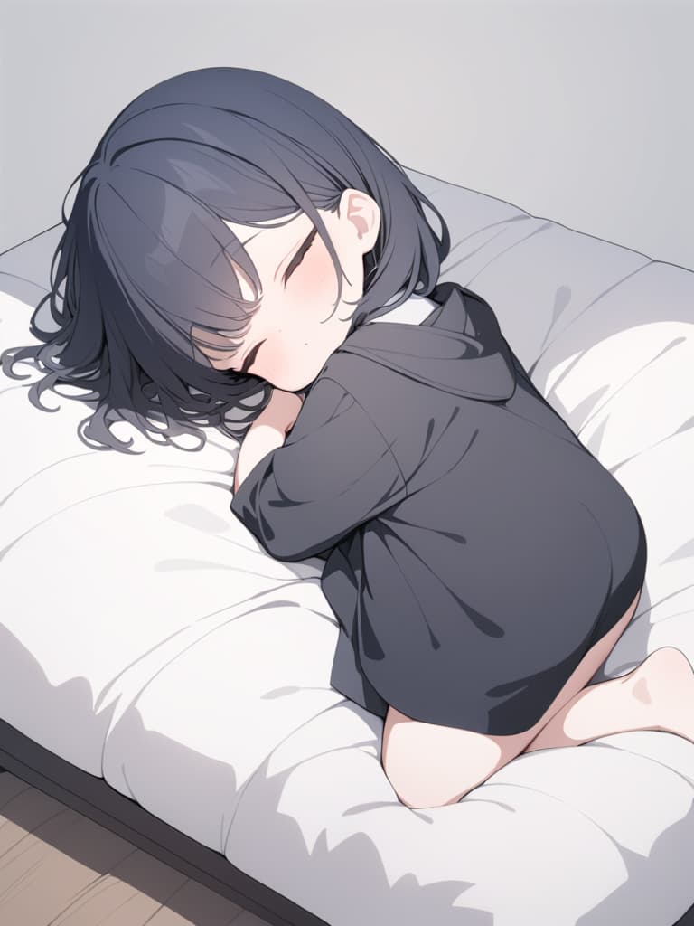  Mini characters, chibi characters, dark blue hair, futon, sleeping, man, cute, short hair, 1 person, gray background, black blanket, masterpiece, best quality,8k,ultra detailed,high resolution,an extremely delicate and beautiful,hyper detail