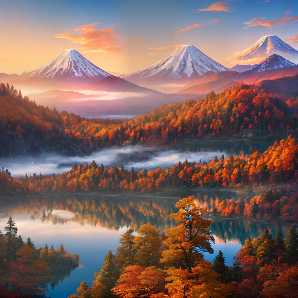  A masterpiece of 富士山, capturing the best quality and ultra-detailed scenery. Medium: Oil painting. Style: Realism. Artist: John Smith. Visit the artist's website at www.johnsmithart.com. Resolution: 8k. Additional details: Snow-capped peak, vibrant autumn foliage, serene lake reflecting the mountain, hikers on a trail, golden sunset lighting. hyperrealistic, full body, detailed clothing, highly detailed, cinematic lighting, stunningly beautiful, intricate, sharp focus, f/1. 8, 85mm, (centered image composition), (professionally color graded), ((bright soft diffused light)), volumetric fog, trending on instagram, trending on tumblr, HDR 4K, 8K