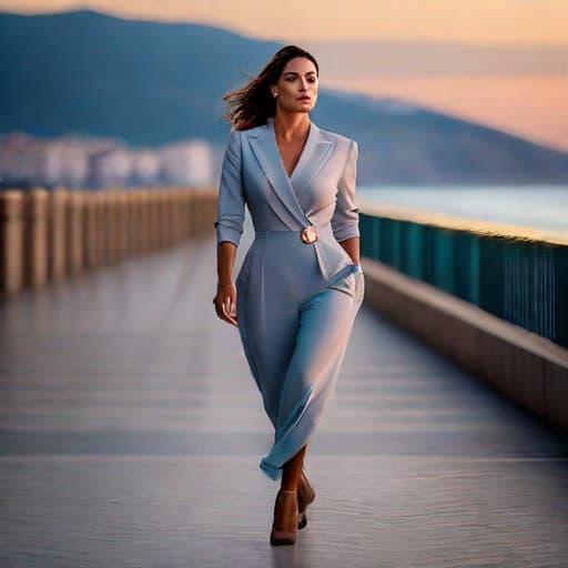  A high quality, ultra realistic, high detailed photograph of A woman walking towards the camera on the sea front in malaga Spain at dusk, facing forward hyperrealistic, full body, detailed clothing, highly detailed, cinematic lighting, stunningly beautiful, intricate, sharp focus, f/1. 8, 85mm, (centered image composition), (professionally color graded), ((bright soft diffused light)), volumetric fog, trending on instagram, trending on tumblr, HDR 4K, 8K