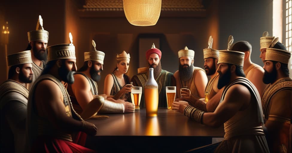  Ancient Babylonians are having a beer party.  Men and women are attending the party. The king raises a toast with his beer to the wedding party. hyperrealistic, full body, detailed clothing, highly detailed, cinematic lighting, stunningly beautiful, intricate, sharp focus, f/1. 8, 85mm, (centered image composition), (professionally color graded), ((bright soft diffused light)), volumetric fog, trending on instagram, trending on tumblr, HDR 4K, 8K