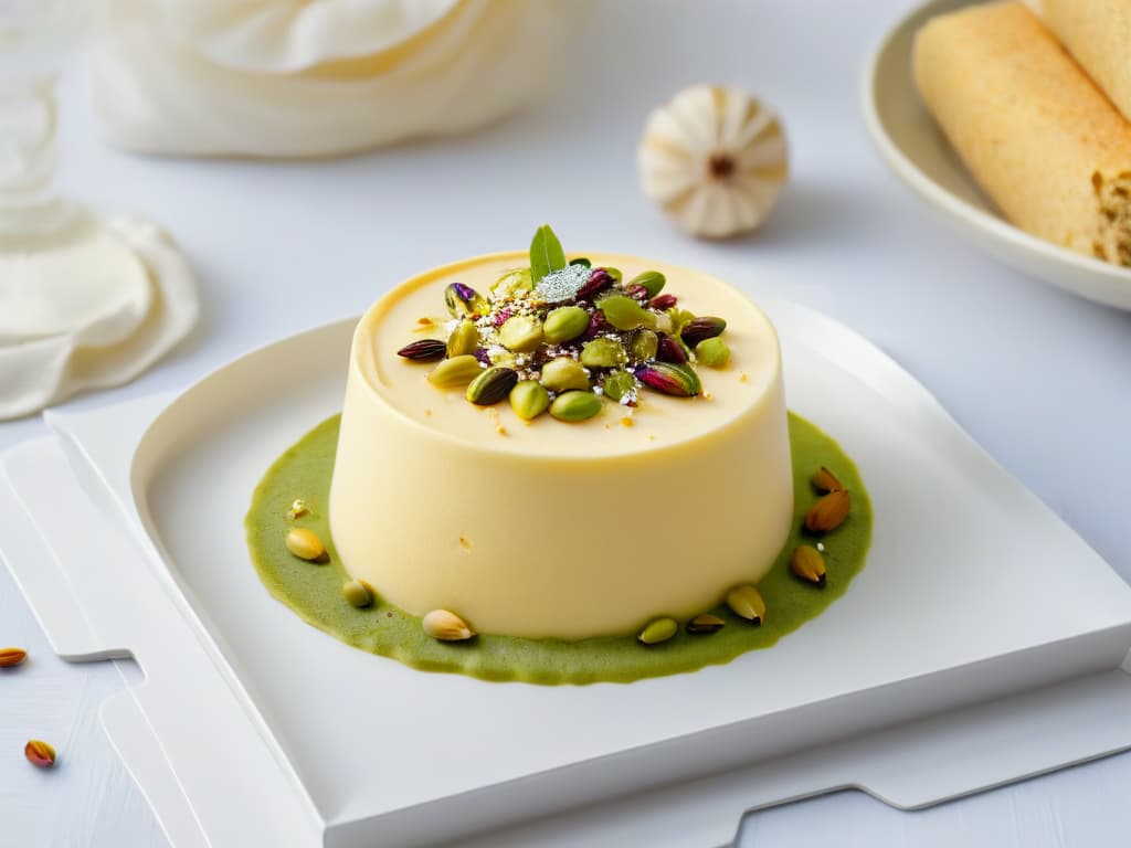  An ultradetailed, minimalist image of a traditional Indian kulfi dessert, showcasing the creamy texture and garnished with saffron strands and chopped pistachios, set against a simple, elegant backdrop to emphasize the elegance and cultural heritage of the dish. hyperrealistic, full body, detailed clothing, highly detailed, cinematic lighting, stunningly beautiful, intricate, sharp focus, f/1. 8, 85mm, (centered image composition), (professionally color graded), ((bright soft diffused light)), volumetric fog, trending on instagram, trending on tumblr, HDR 4K, 8K