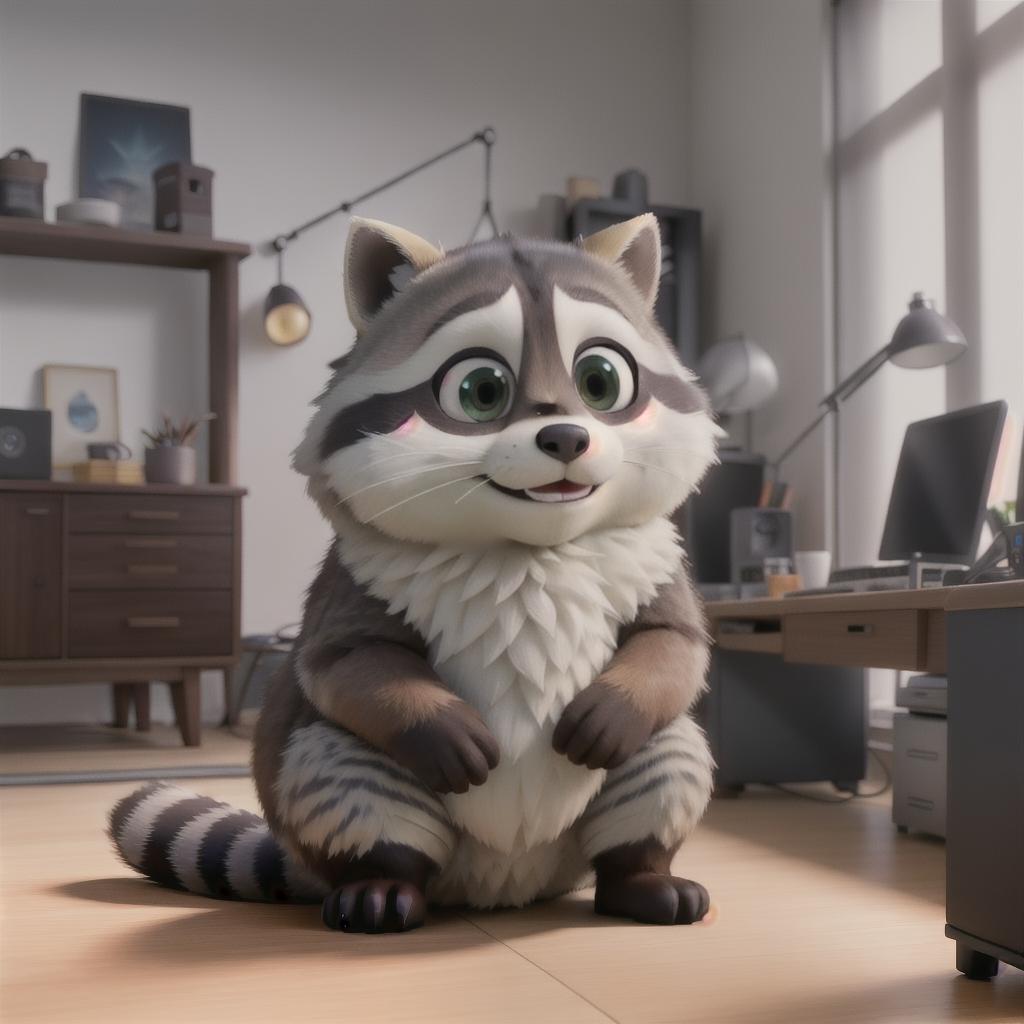  raccoon sitting in gaming chair front a computer on desktop, ((semi anthropomorphic)),(full body), tail, belly, sitting, fat, (chubby), (((white background))), solo, desktop, gaming chair, side view,  [[[clothes]]] hyperrealistic, full body, detailed clothing, highly detailed, cinematic lighting, stunningly beautiful, intricate, sharp focus, f/1. 8, 85mm, (centered image composition), (professionally color graded), ((bright soft diffused light)), volumetric fog, trending on instagram, trending on tumblr, HDR 4K, 8K