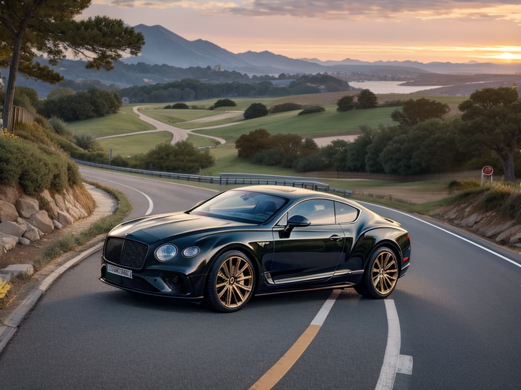  cinematic photo hyper realistic, Black 2024 Bentley Continental GT Mansory, wide angle, winding seaside road, epic sunrise, golden clouds, dramatic lighting, perfect composition, , 4k. 35mm photograph, film, bokeh, professional, 4k, highly detailed