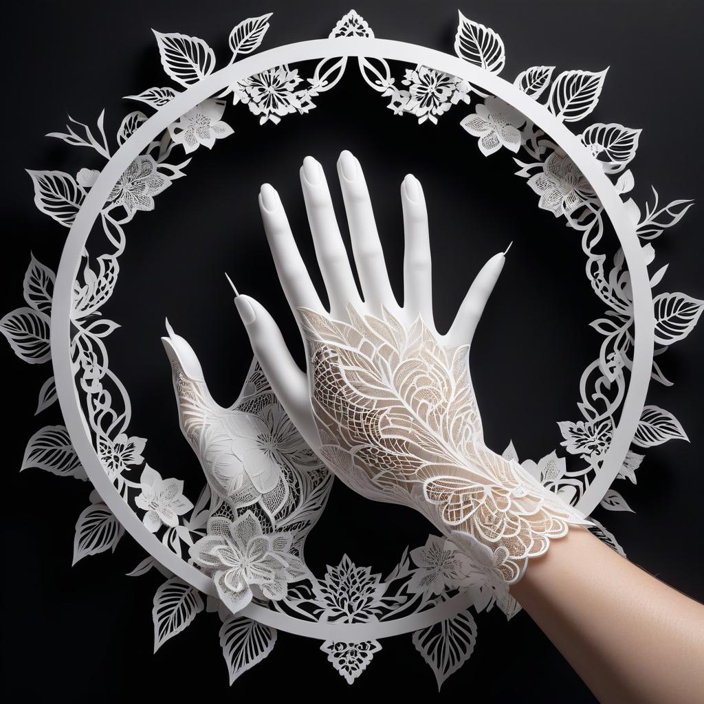  3D papercut shadow box of (flat drawn:1.2), white hands, hands reaching for the center, black background, caption “In the Shadow of the Plug”, lace patterns . layered, dimensional, depth, silhouette, shadow, papercut, handmade, high contrast hyperrealistic, full body, detailed clothing, highly detailed, cinematic lighting, stunningly beautiful, intricate, sharp focus, f/1. 8, 85mm, (centered image composition), (professionally color graded), ((bright soft diffused light)), volumetric fog, trending on instagram, trending on tumblr, HDR 4K, 8K