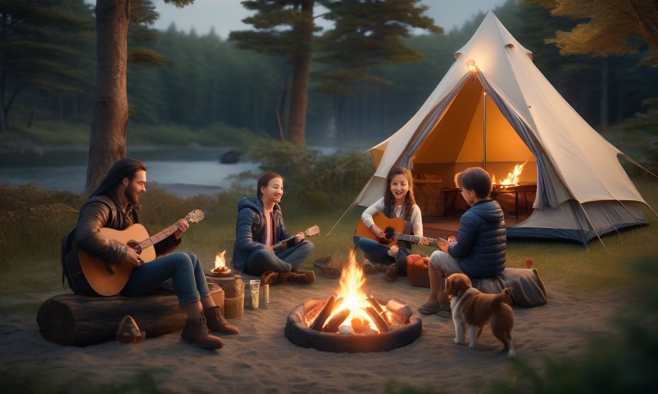  Picnic at the shore, kids are playing in a tent. Near the tent, kids have made a firepit and are singing songs, playing the guitar. There is a dog nearby as well. hyperrealistic, full body, detailed clothing, highly detailed, cinematic lighting, stunningly beautiful, intricate, sharp focus, f/1. 8, 85mm, (centered image composition), (professionally color graded), ((bright soft diffused light)), volumetric fog, trending on instagram, trending on tumblr, HDR 4K, 8K