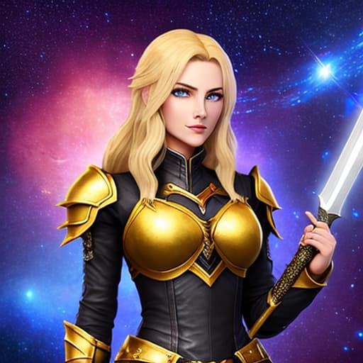  Young woman with golden hair and a small, athletic build. Her eyes are a mix of purple and blue that make them look like galaxies. She is dressed in flattering leather armor with her hair wild and free. In her right hand is a blazing sword.
