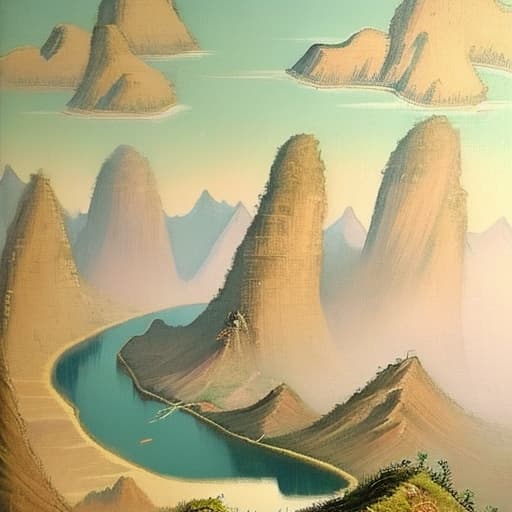  Chinese style landscape painting, mountains, rivers, clouds