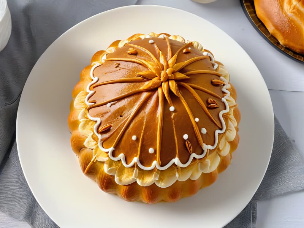  A closeup, ultradetailed image of a beautifully intricate and colorful traditional Mexican concha bread, showcasing the delicate patterns and textures of the sweet pastry. The concha is perfectly baked, with a goldenbrown crust, and the topping is artistically arranged in a symmetrical design, highlighting the cultural significance and craftsmanship of this iconic dessert. The image captures the essence of Mexican heritage and culinary artistry, inviting viewers to appreciate the rich cultural tapestry woven into each delectable treat. hyperrealistic, full body, detailed clothing, highly detailed, cinematic lighting, stunningly beautiful, intricate, sharp focus, f/1. 8, 85mm, (centered image composition), (professionally color graded), ((bright soft diffused light)), volumetric fog, trending on instagram, trending on tumblr, HDR 4K, 8K