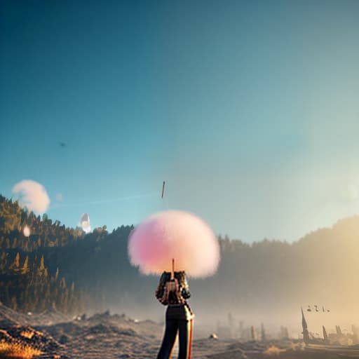 redshift style Mid shot of a Tall Woman with high top pastel coloured fluffy fairy floss like hair and lollipop like sunglasses holding a giant lollipop in a fantasy style candy world, soft retro style, studio quality, epic masterpiece, trending on artstation, wispy, whimsical, magical, cinematic lighting, 8 k octane detailed render, modern, victoria's secret hyperrealistic, full body, detailed clothing, highly detailed, cinematic lighting, stunningly beautiful, intricate, sharp focus, f/1. 8, 85mm, (centered image composition), (professionally color graded), ((bright soft diffused light)), volumetric fog, trending on instagram, trending on tumblr, HDR 4K, 8K