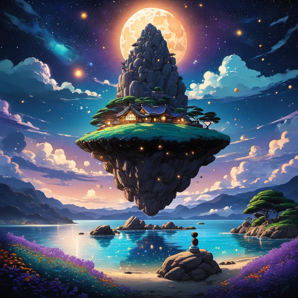  Island of Levitating Stones, starry sky, starry sky, clouds, vivid, highly detailed, by Hayao Miyazaki, hand-drawn, Midnight, whimsical, (enchanting atmosphere:1.1), warm lighting , depth of field, Wacom Cintiq, Adobe Photoshop, 300 DPI, Lavender Shades, (teal and orange:0.3)