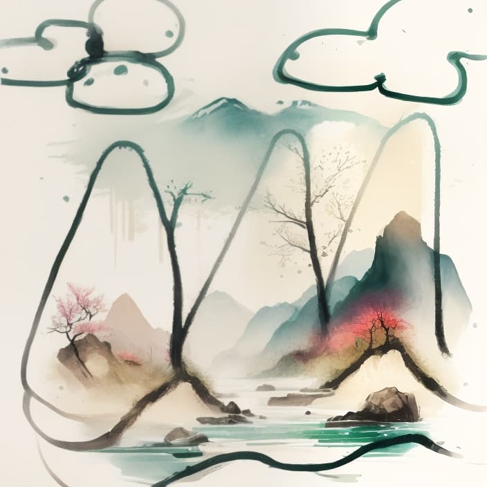  Chinese style landscape painting,mountains, rivers, clouds