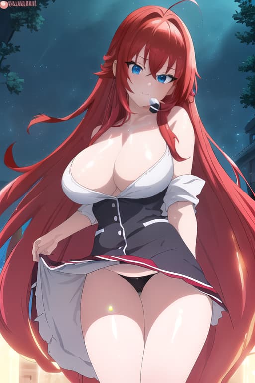  no ,bare,no shirt,ing popsicle,masterpiece, best quality, 1women, long red hair, looking at viewer, :3, cute, black uniform, outdoors, streets, cowboy shot, curvy, (((blue eyes))), rias gremory, red hair, antenna hair, wavy hair, ((beautiful detailed eyes, beautiful detailed glow, lots of glow)), anime screencap