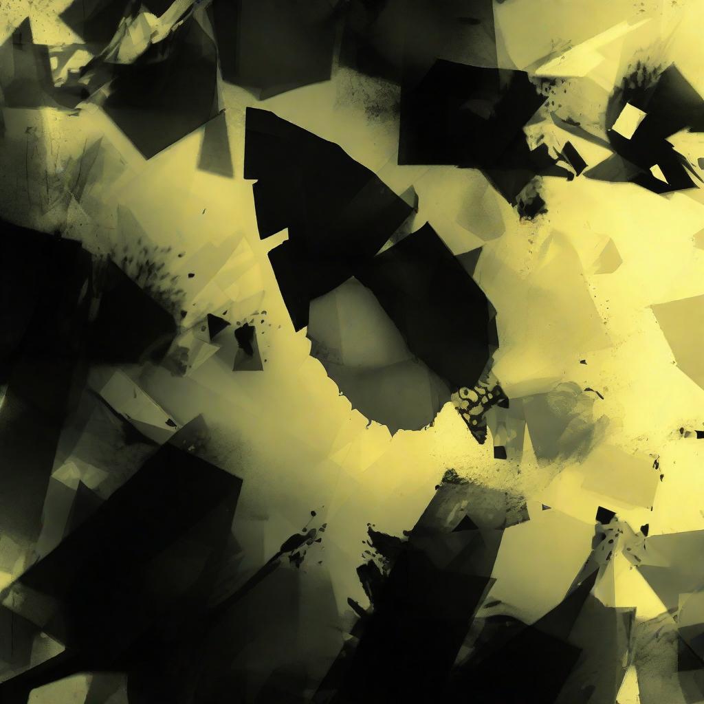  ⃣ abstract shapes, blurry, monochromatic, dark yellow and black, broken glass effect, scattered in the middle of screen, glitch art style