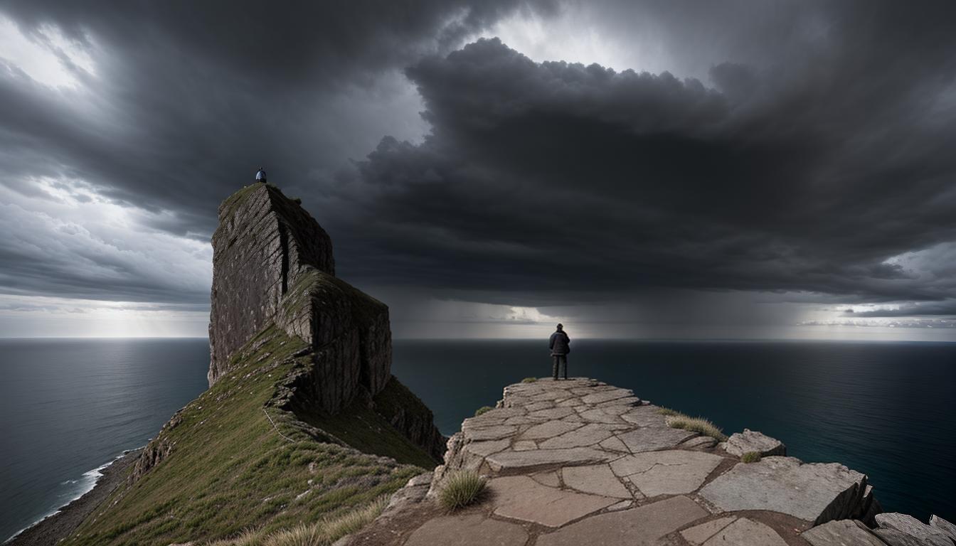  cinematic, aesthetic, a figure standing confidently on a cliff edge, gazing toward an approaching storm, strong stance, wind buffeting clothes, aura of determination, rugged landscape, sense of challenge, anticipation, 4k, HDR, lens flare