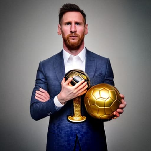 lnkdn photography Messi wearing real Madrid jersey and holding a BALLON D'OR award,a banner written on it best player of the year