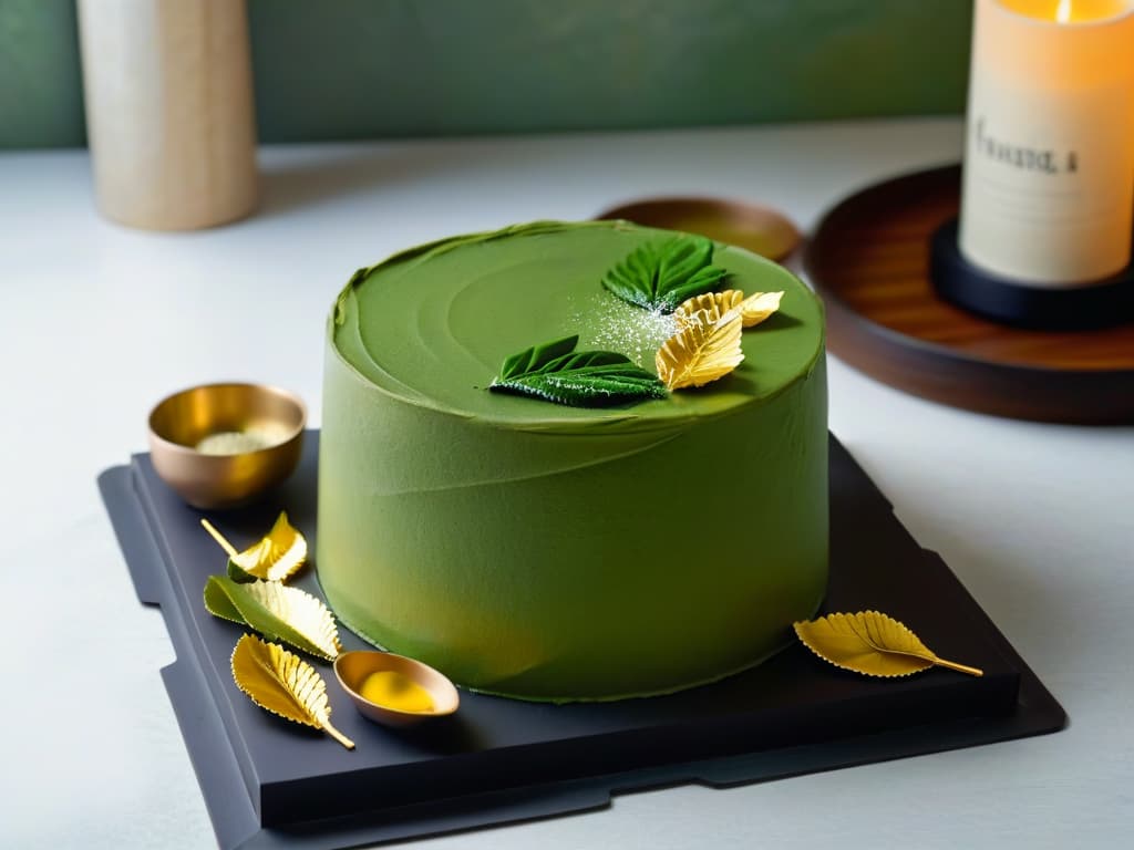  A closeup, ultradetailed image of a delicate matcha green tea cake adorned with edible gold leaf, served on a sleek, modern platter next to a traditional Japanese cast iron teapot and minimalist porcelain tea cup. The cake's vibrant green hue contrasts beautifully with the dark, textured surface of the teapot, emphasizing the fusion of contemporary dessert aesthetics with ancient tea rituals. hyperrealistic, full body, detailed clothing, highly detailed, cinematic lighting, stunningly beautiful, intricate, sharp focus, f/1. 8, 85mm, (centered image composition), (professionally color graded), ((bright soft diffused light)), volumetric fog, trending on instagram, trending on tumblr, HDR 4K, 8K