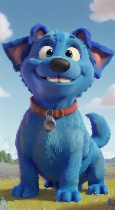  {A happy, big blue dog wagging its tail in a colorful meadow, The big blue dog is large with sky blue fur, big round eyes, a black nose, and floppy ears.