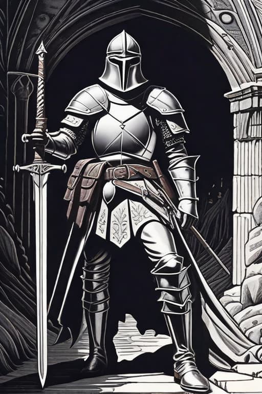  1970's dark fantasy book cover paper art dungeons and dragons style drawing of knight with guns with minimalist far perspective hyperrealistic, full body, detailed clothing, highly detailed, cinematic lighting, stunningly beautiful, intricate, sharp focus, f/1. 8, 85mm, (centered image composition), (professionally color graded), ((bright soft diffused light)), volumetric fog, trending on instagram, trending on tumblr, HDR 4K, 8K