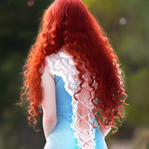  young  with long red curly hair showing her   wearing only a lace , detailed face, blue shy eyes. View from behind. Whole body. straight  