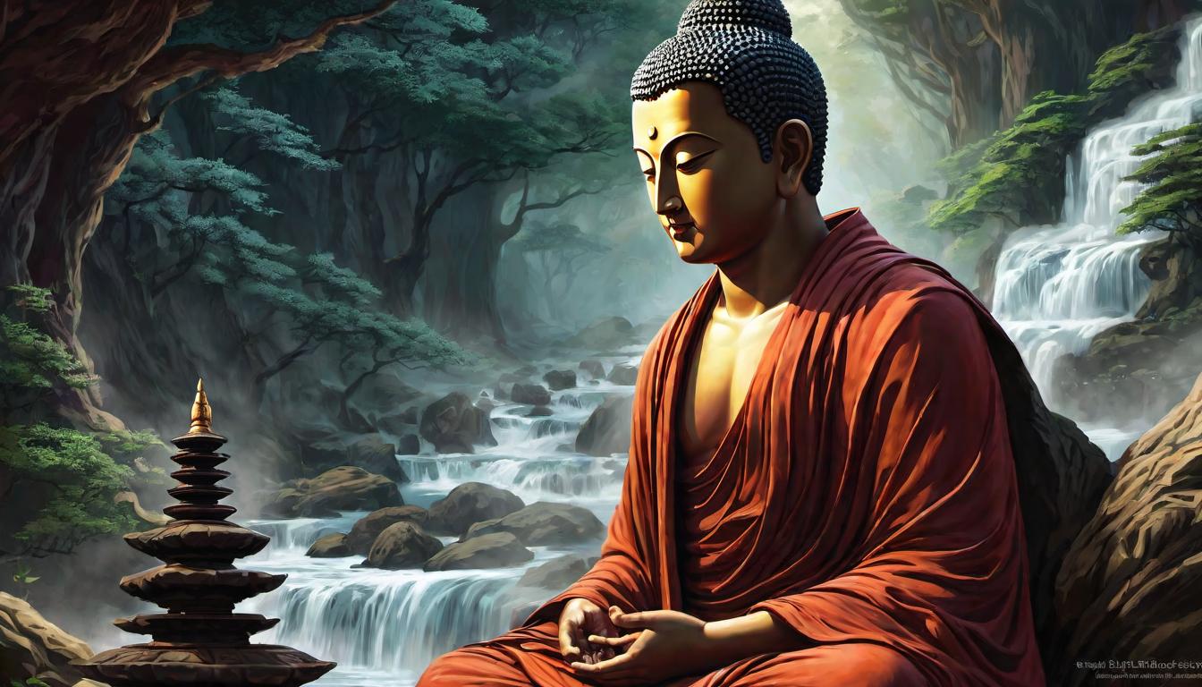  digital illustration, Siddhartha Gautama, resolute, seated in deep meditation, overseeing shadows of Mara, demon of illusion, swirling distractions, concentration, inner strength, looking at viewer, dynamic pose, (intricate details, masterpiece, best quality)