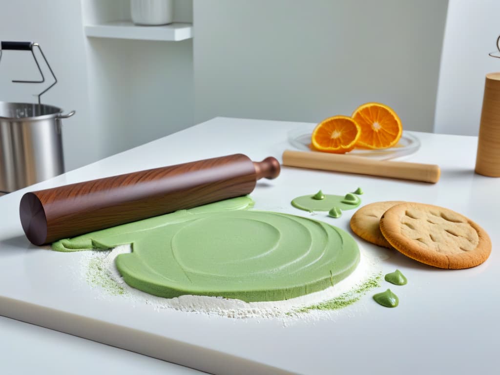  An image of a sleek, modern kitchen countertop with three different types of rolling pins displayed: a classic wooden one, a luxurious marble one, and a contemporary silicone one. The wooden rolling pin exudes warmth with its natural grain and traditional design, the marble rolling pin conveys elegance and sophistication with its polished surface, while the silicone rolling pin represents innovation and functionality with its colorful and flexible material. Each rolling pin is surrounded by scattered flour, a few cookie cutters, and a stack of freshly baked cookies, creating a visually appealing and informative scene for the article. hyperrealistic, full body, detailed clothing, highly detailed, cinematic lighting, stunningly beautiful, intricate, sharp focus, f/1. 8, 85mm, (centered image composition), (professionally color graded), ((bright soft diffused light)), volumetric fog, trending on instagram, trending on tumblr, HDR 4K, 8K