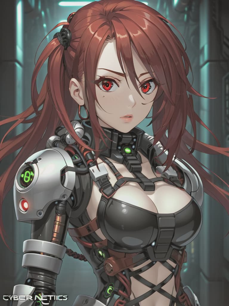  biomechanical cyberpunk best quality, expressive eyes, perfect face, girl,  red hair, special agent, doll, bondage,, ballgag, armbinder, hogtied . cybernetics, human-machine fusion, dystopian, organic meets artificial, dark, intricate, highly detailed